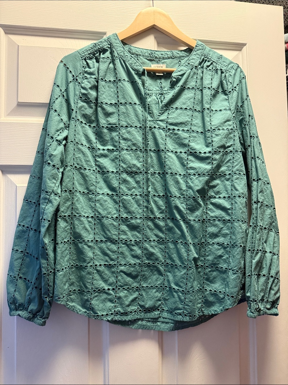 LOFT Teal Grid Eyelet Long-Sleeve Blouse